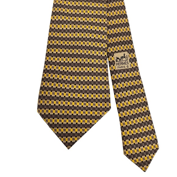 Hermes Men's Tie Geometric Plaid Brown/Gold Silk 816 EA 3.5" (W) x 58.5" (L) euc - Picture 2 of 9